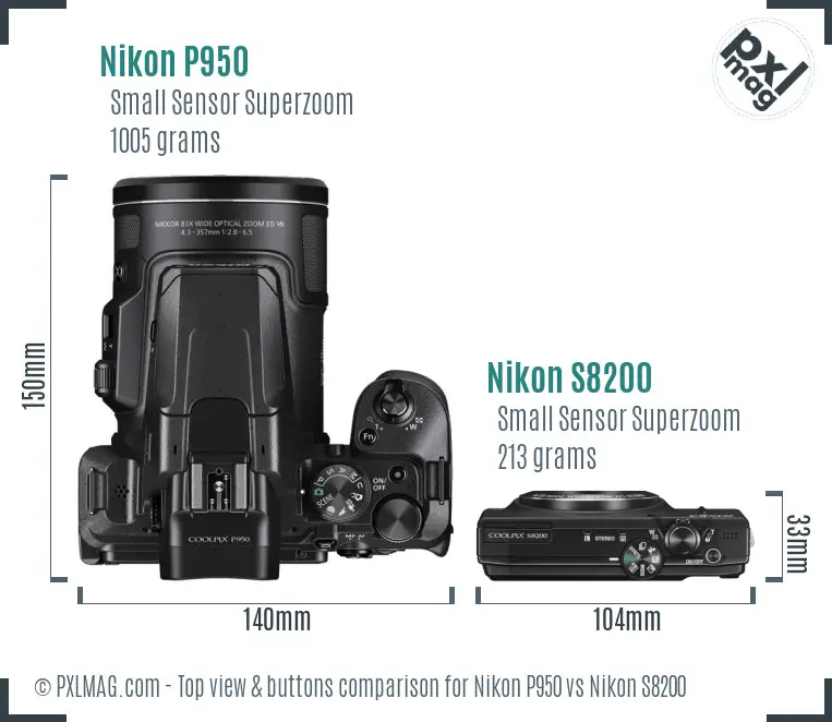 Nikon P950 vs Nikon S8200 top view buttons comparison