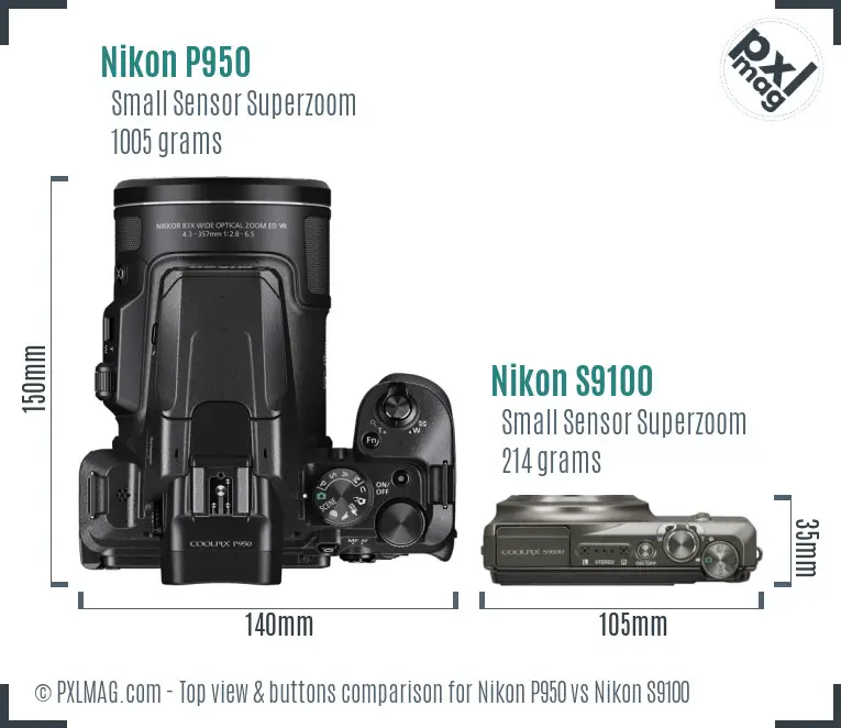Nikon P950 vs Nikon S9100 top view buttons comparison