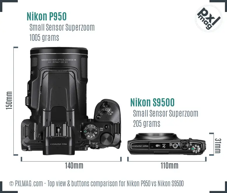 Nikon P950 vs Nikon S9500 top view buttons comparison
