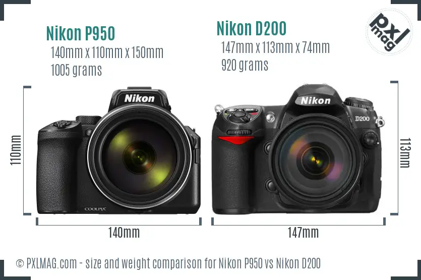 Nikon P950 vs Nikon D200 size comparison