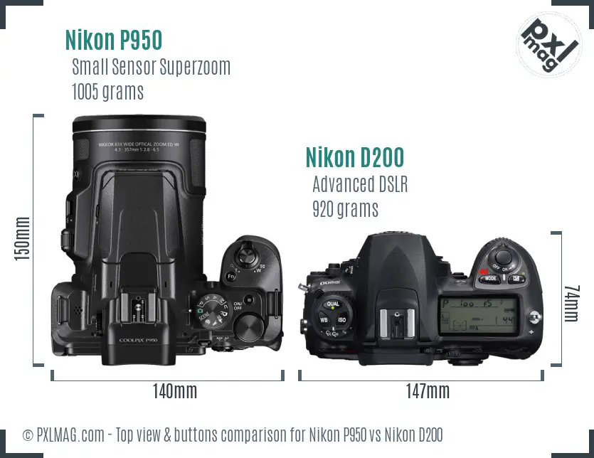 Nikon P950 vs Nikon D200 top view buttons comparison