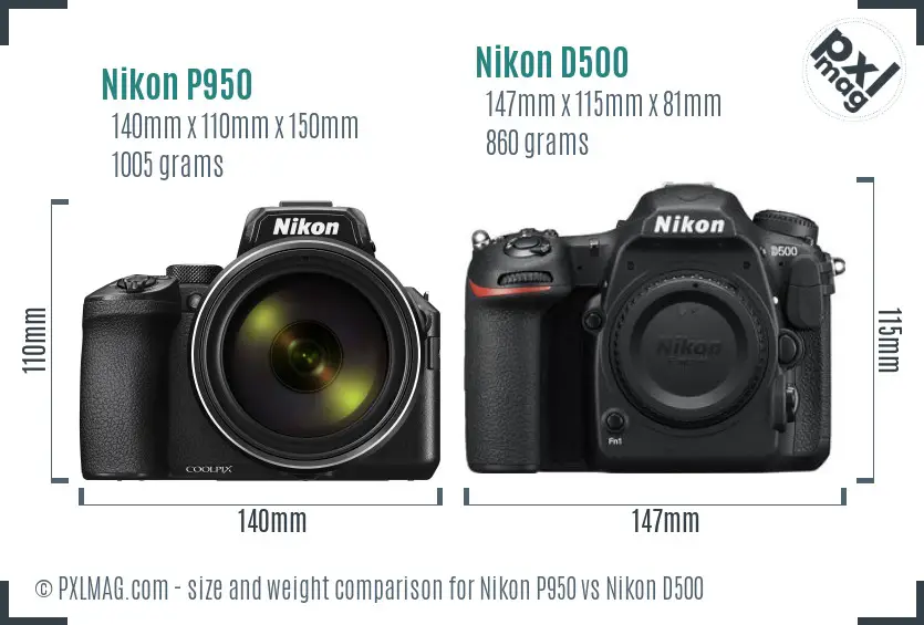 Nikon P950 vs Nikon D500 size comparison