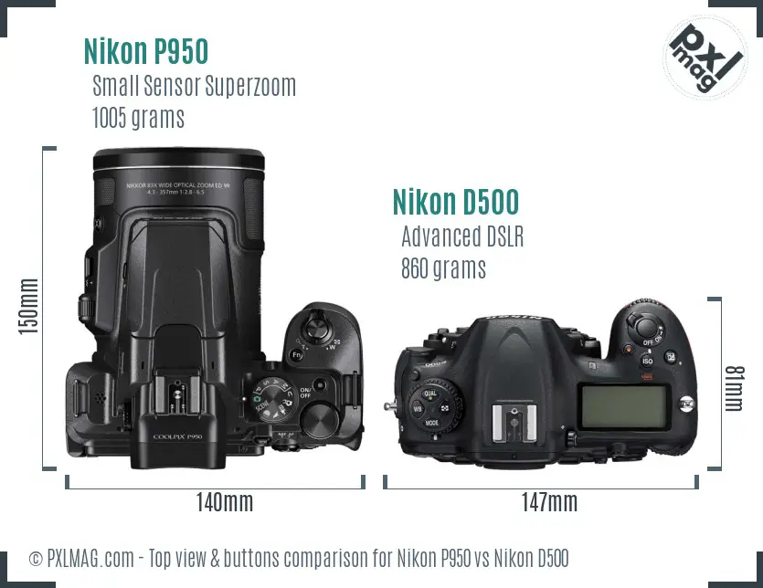 Nikon P950 vs Nikon D500 top view buttons comparison