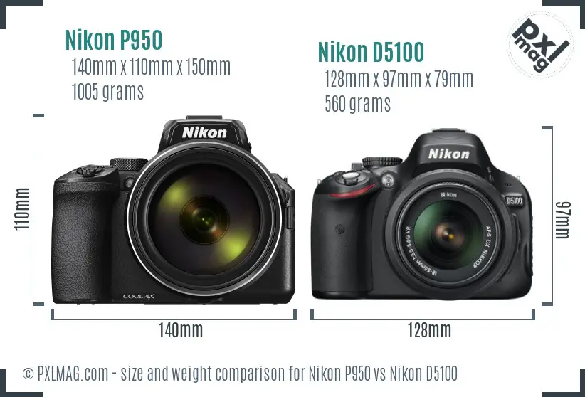 Nikon P950 vs Nikon D5100 size comparison