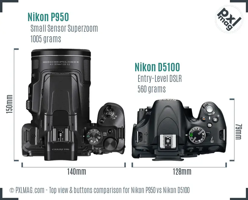 Nikon P950 vs Nikon D5100 top view buttons comparison