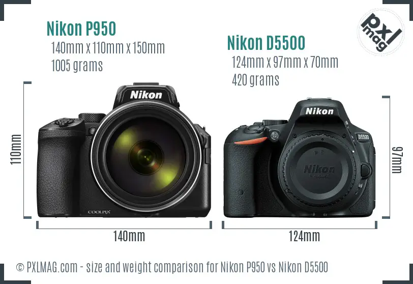 Nikon P950 vs Nikon D5500 size comparison