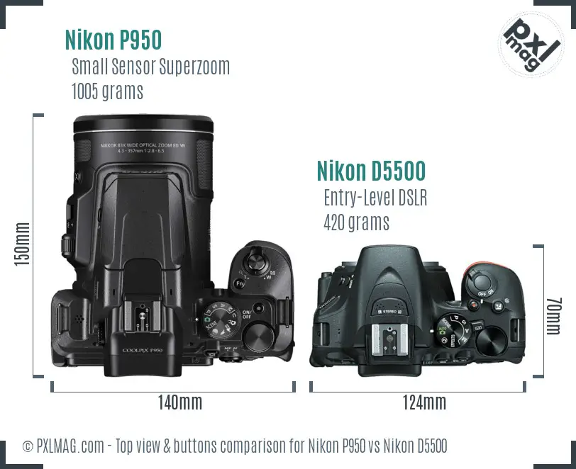 Nikon P950 vs Nikon D5500 top view buttons comparison