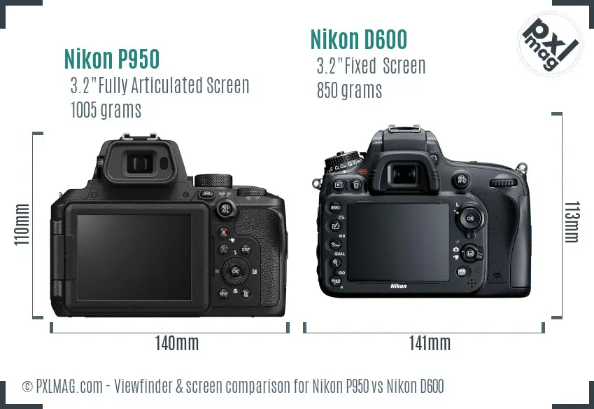Nikon P950 vs Nikon D600 Screen and Viewfinder comparison