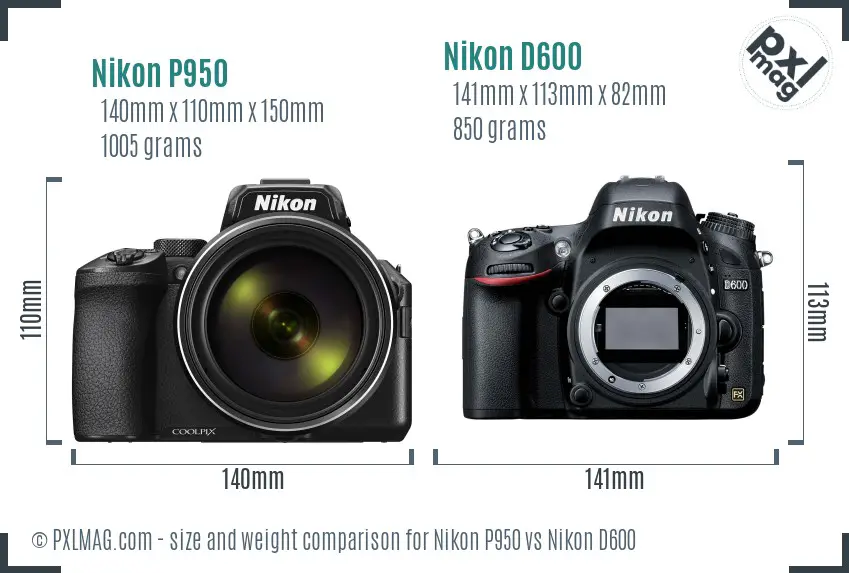 Nikon P950 vs Nikon D600 size comparison