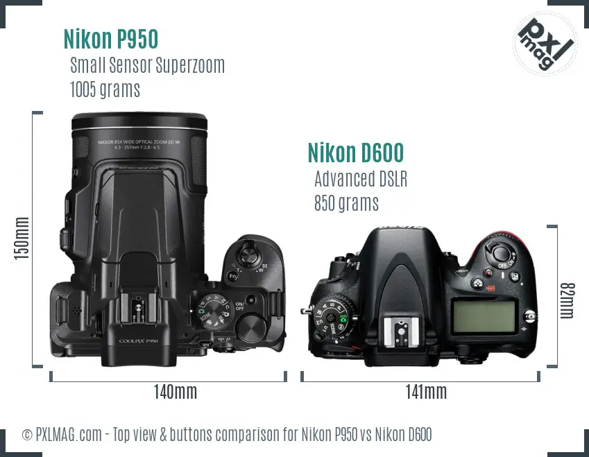 Nikon P950 vs Nikon D600 top view buttons comparison