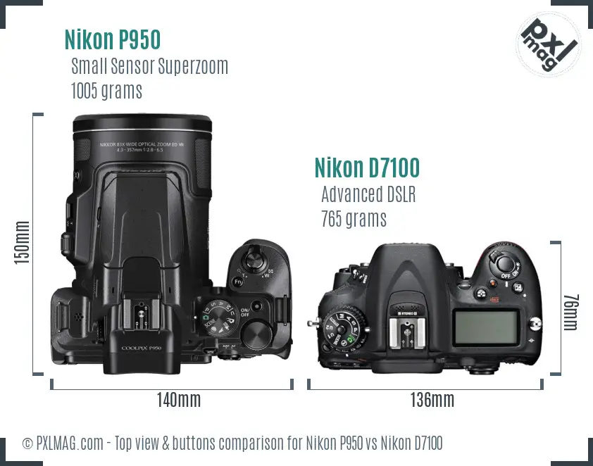 Nikon P950 vs Nikon D7100 top view buttons comparison Nikon P950 vs Nikon D7100 top view buttons comparison