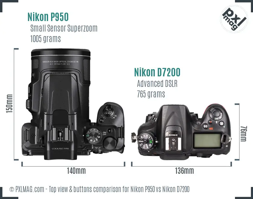 Nikon P950 vs Nikon D7200 top view buttons comparison Nikon P950 vs Nikon D7200 top view buttons comparison