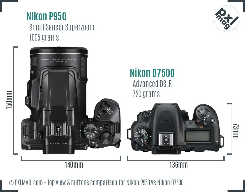 Nikon P950 vs Nikon D7500 top view buttons comparison Nikon P950 vs Nikon D7500 top view buttons comparison