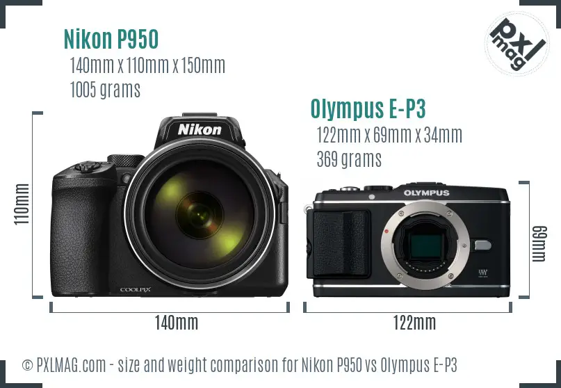 Nikon P950 vs Olympus E-P3 size comparison