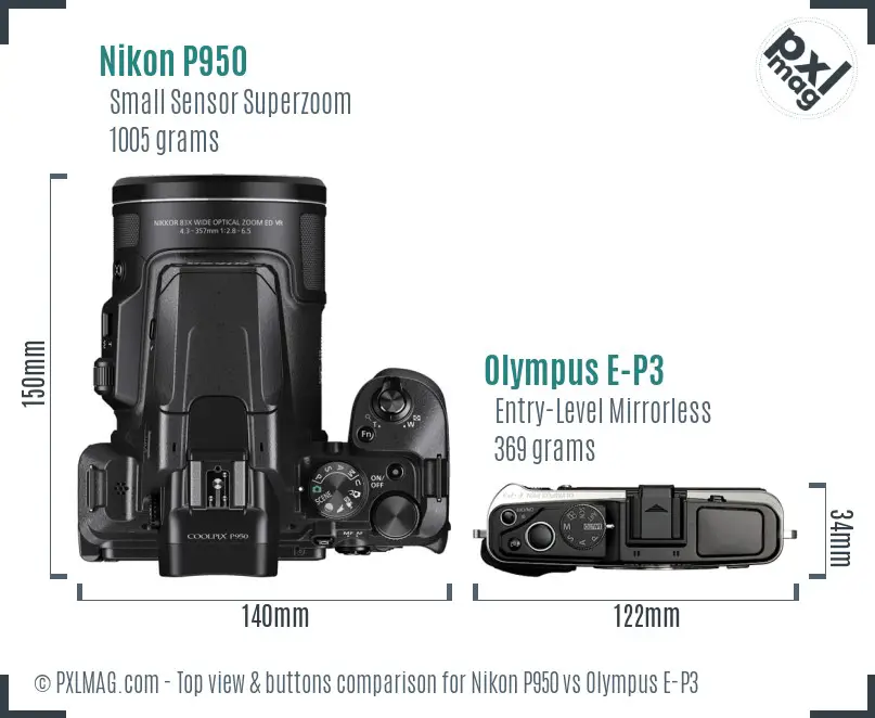 Nikon P950 vs Olympus E-P3 top view buttons comparison