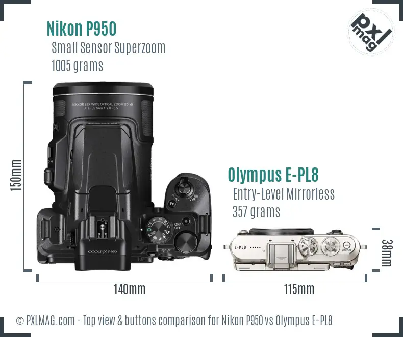 Nikon P950 vs Olympus E-PL8 top view buttons comparison