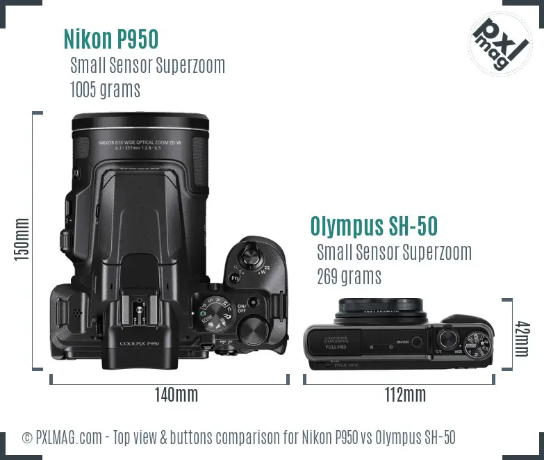 Nikon P950 vs Olympus SH-50 top view buttons comparison