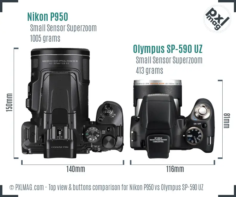 Nikon P950 vs Olympus SP-590 UZ top view buttons comparison