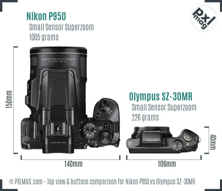 Nikon P950 vs Olympus SZ-30MR top view buttons comparison