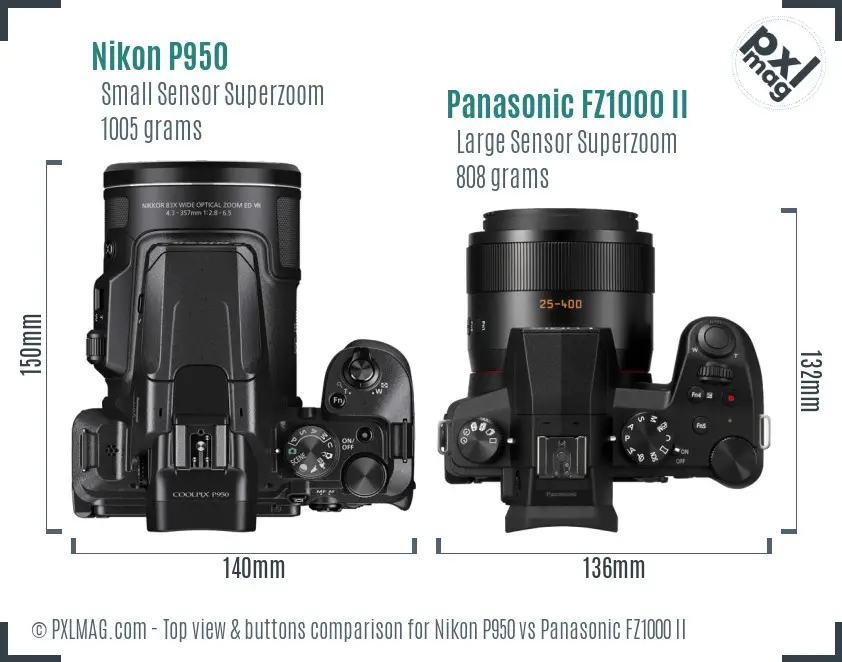Nikon P950 vs Panasonic FZ1000 II top view buttons comparison