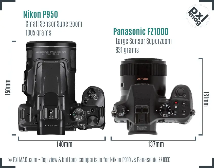 Nikon P950 vs Panasonic FZ1000 top view buttons comparison Nikon P950 vs Panasonic FZ1000 top view buttons comparison