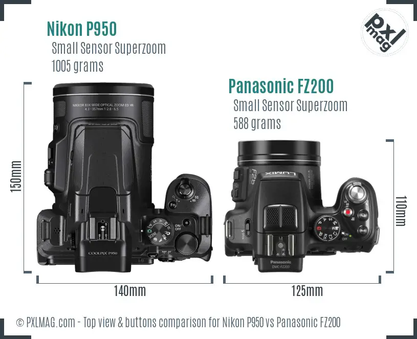 Nikon P950 vs Panasonic FZ200 top view buttons comparison