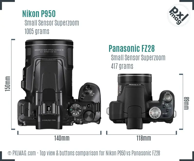 Nikon P950 vs Panasonic FZ28 top view buttons comparison