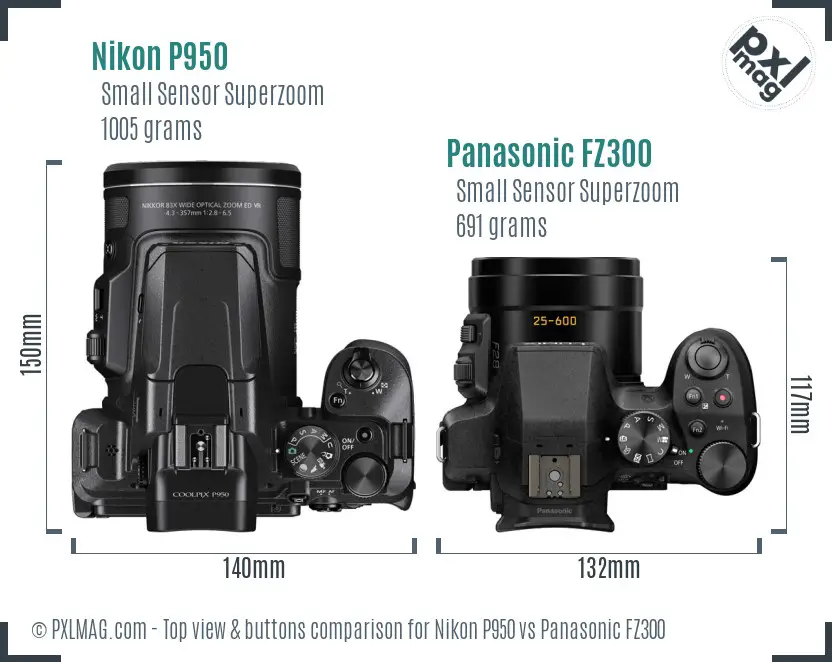 Nikon P950 vs Panasonic FZ300 top view buttons comparison