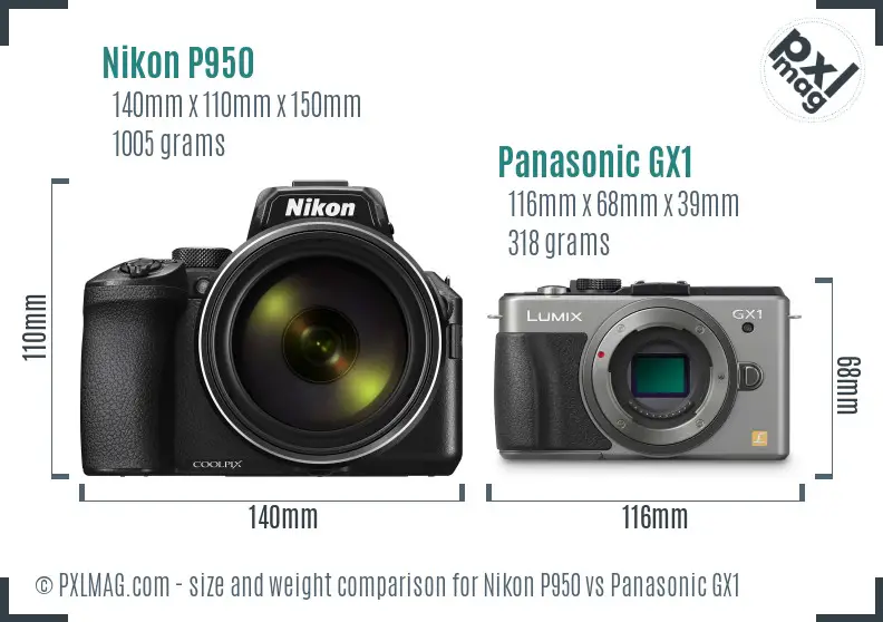 Nikon P950 vs Panasonic GX1 size comparison