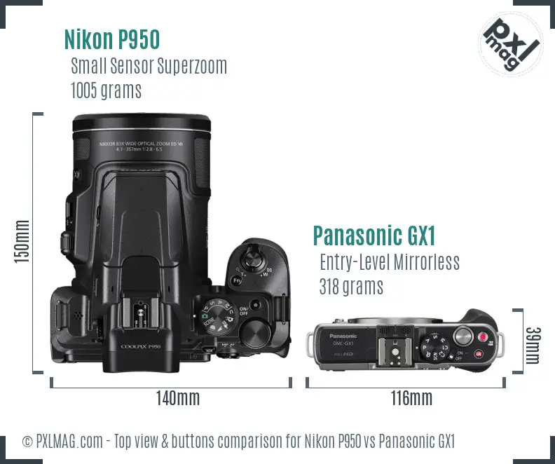 Nikon P950 vs Panasonic GX1 top view buttons comparison