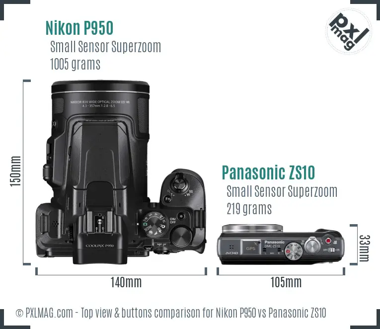 Nikon P950 vs Panasonic ZS10 top view buttons comparison