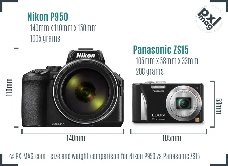 Nikon P950 vs Panasonic ZS15 size comparison