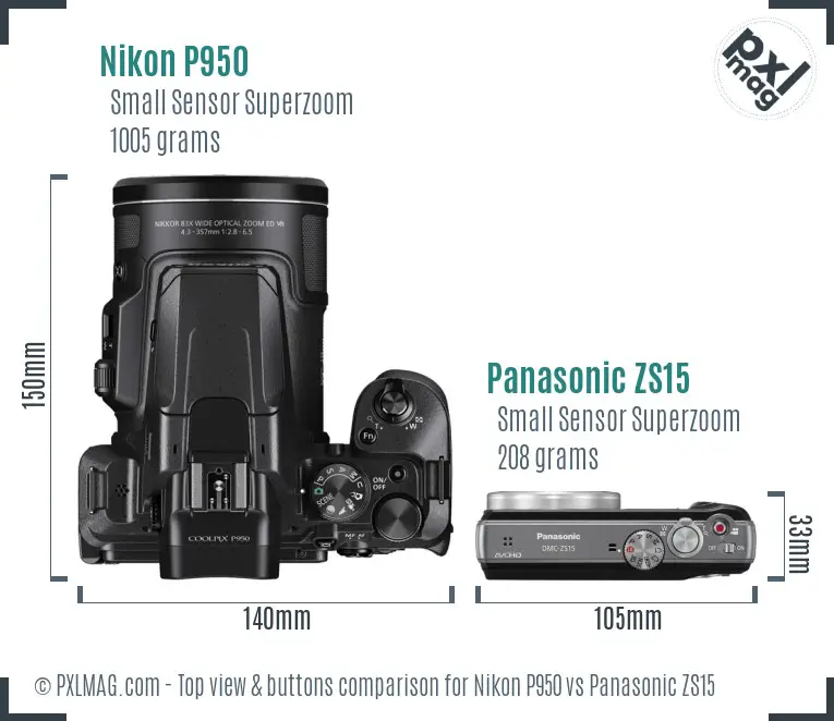 Nikon P950 vs Panasonic ZS15 top view buttons comparison