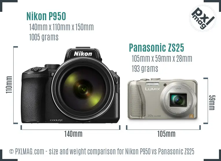 Nikon P950 vs Panasonic ZS25 size comparison
