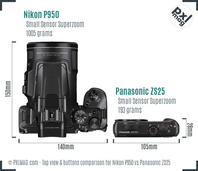 Nikon P950 vs Panasonic ZS25 top view buttons comparison
