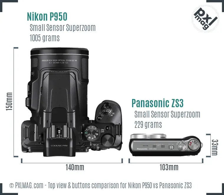 Nikon P950 vs Panasonic ZS3 top view buttons comparison