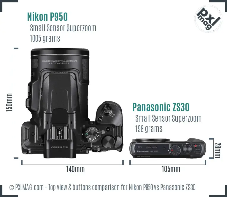 Nikon P950 vs Panasonic ZS30 top view buttons comparison