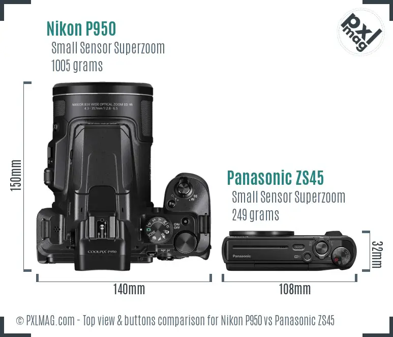 Nikon P950 vs Panasonic ZS45 top view buttons comparison