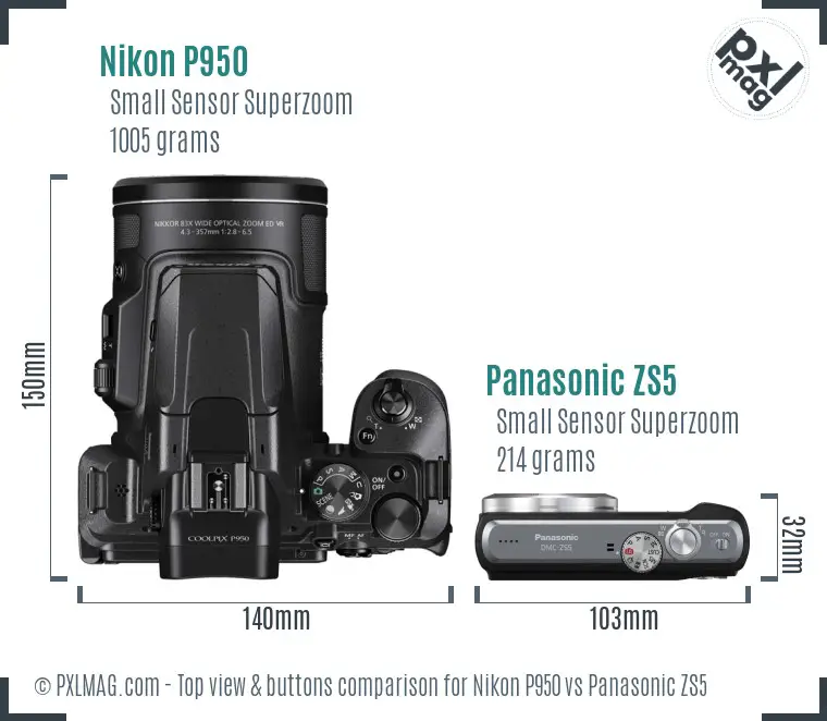 Nikon P950 vs Panasonic ZS5 top view buttons comparison