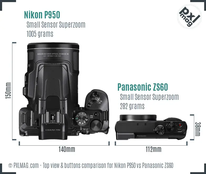 Nikon P950 vs Panasonic ZS60 top view buttons comparison