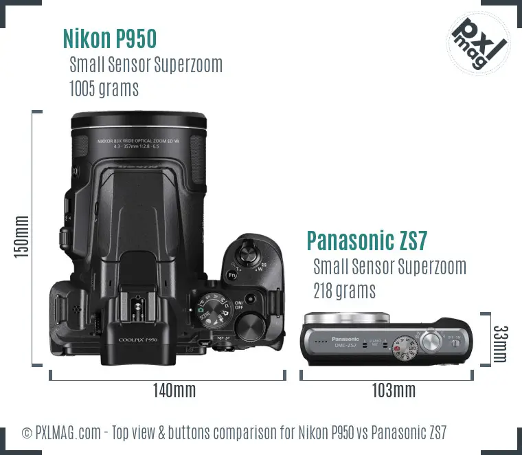 Nikon P950 vs Panasonic ZS7 top view buttons comparison