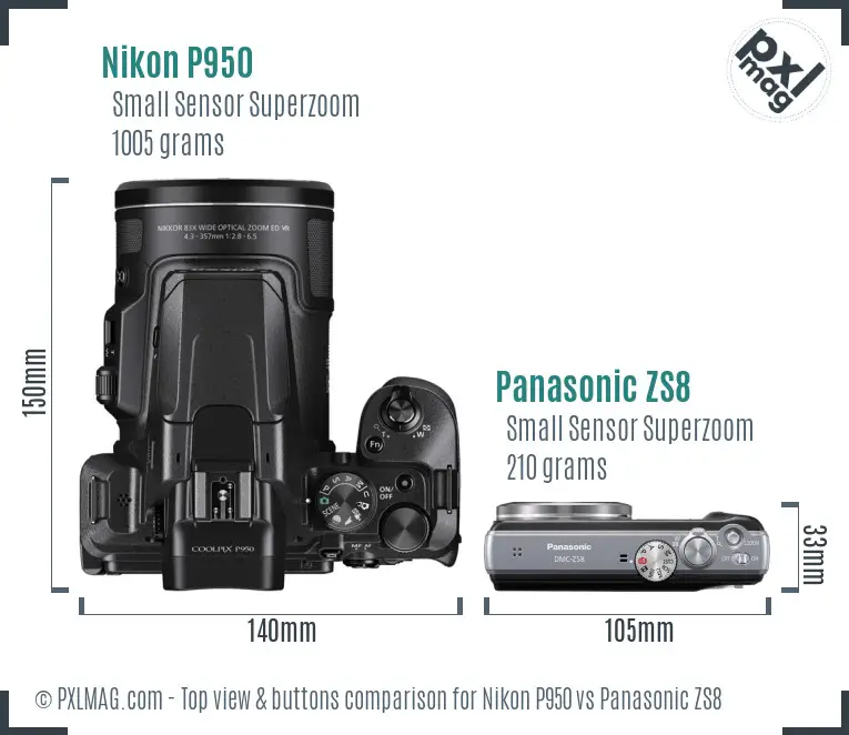 Nikon P950 vs Panasonic ZS8 top view buttons comparison