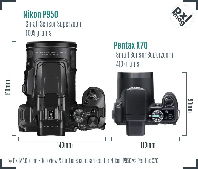 Nikon P950 vs Pentax X70 top view buttons comparison
