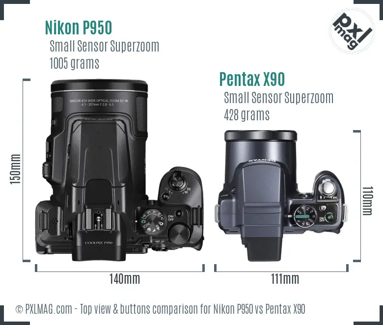 Nikon P950 vs Pentax X90 top view buttons comparison