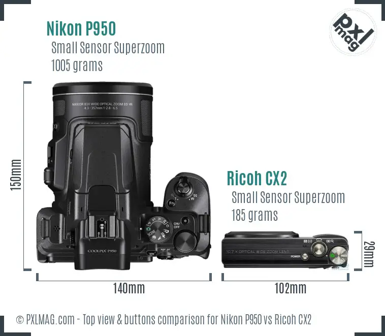 Nikon P950 vs Ricoh CX2 top view buttons comparison