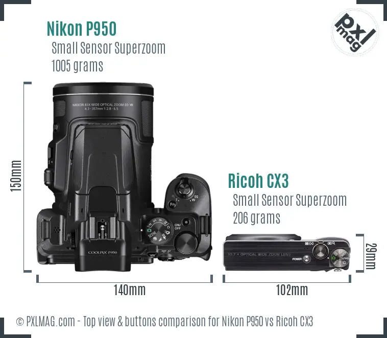 Nikon P950 vs Ricoh CX3 top view buttons comparison