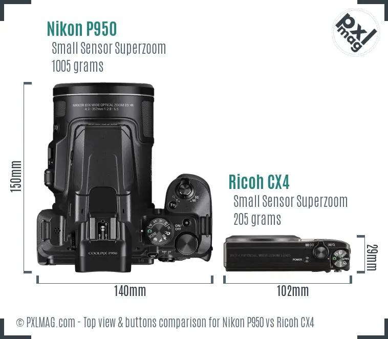 Nikon P950 vs Ricoh CX4 top view buttons comparison