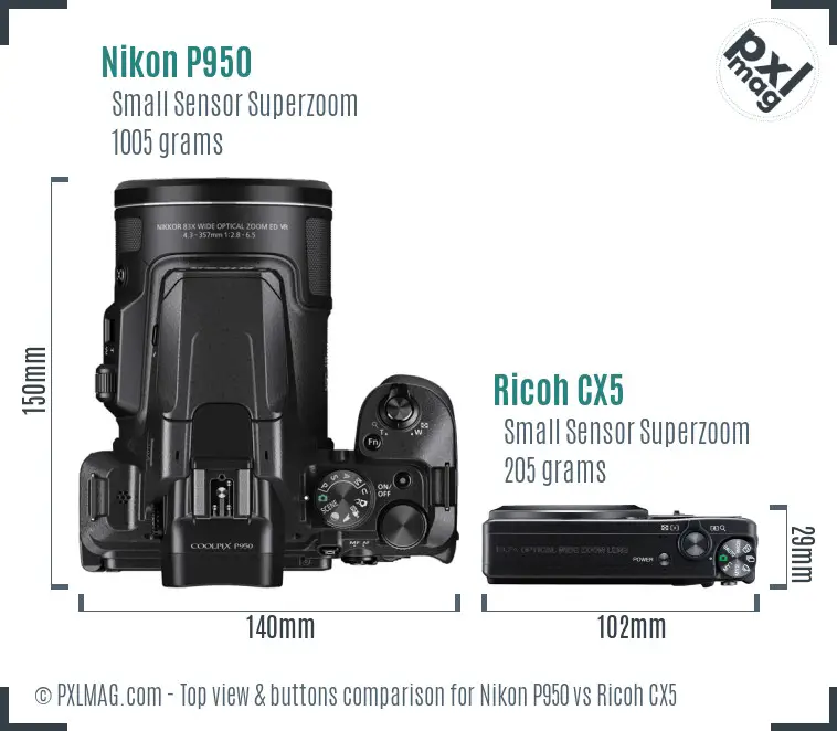 Nikon P950 vs Ricoh CX5 top view buttons comparison