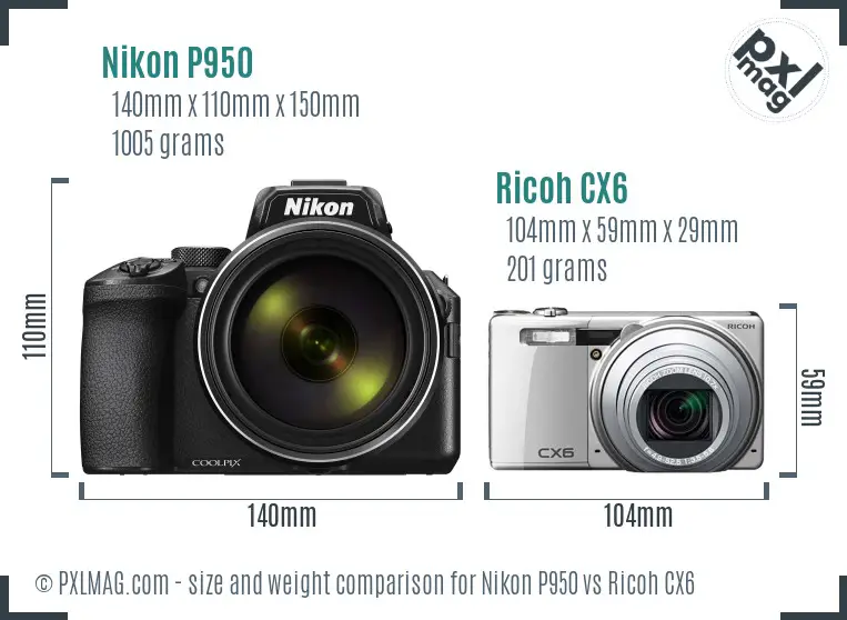 Nikon P950 vs Ricoh CX6 size comparison