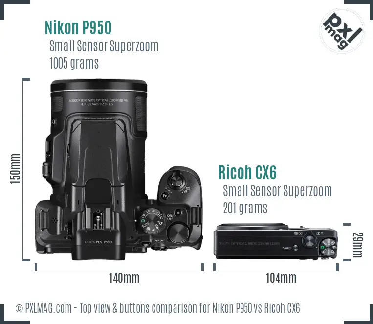 Nikon P950 vs Ricoh CX6 top view buttons comparison